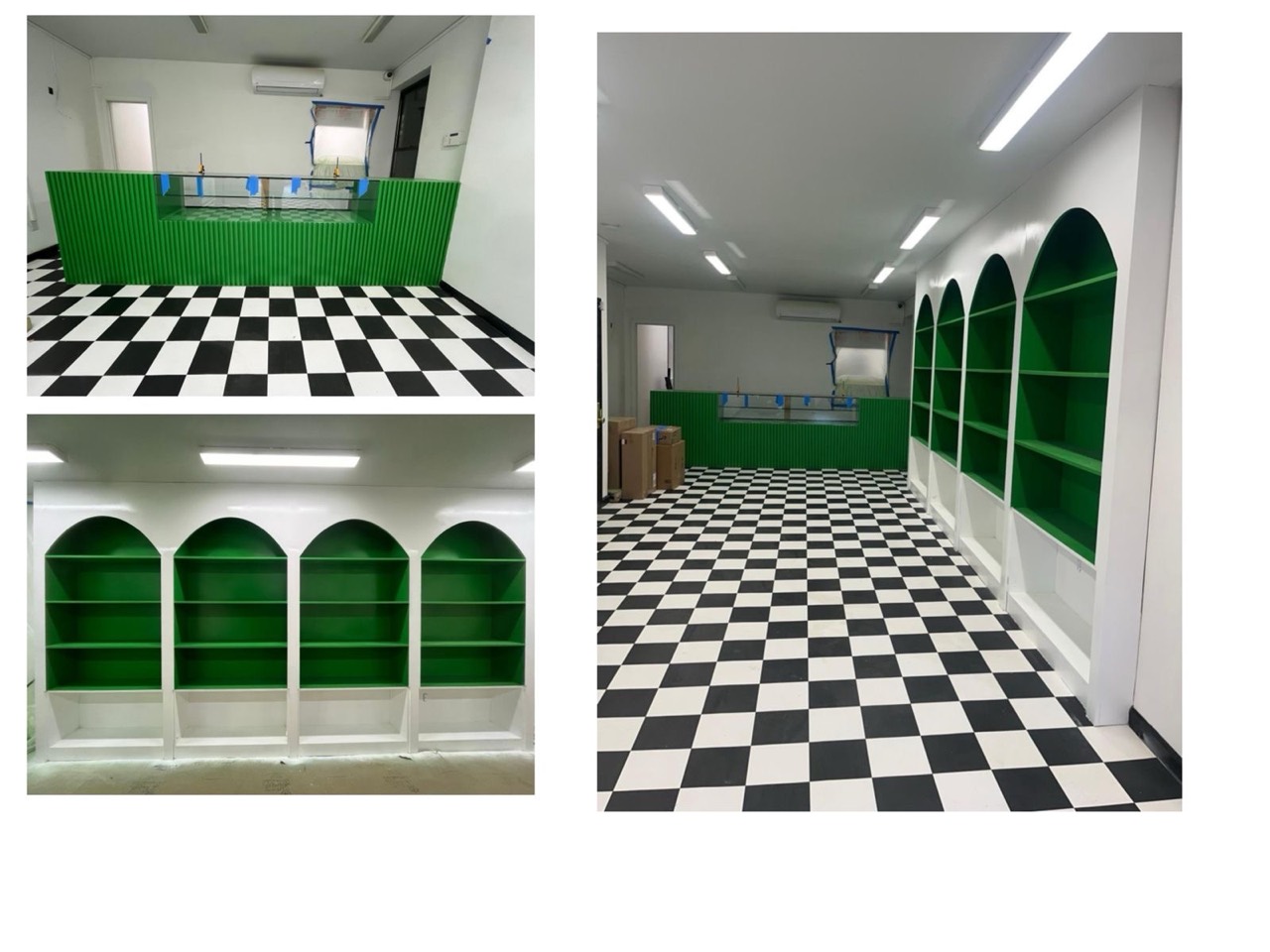 Green arched retail shelving and a matching counter