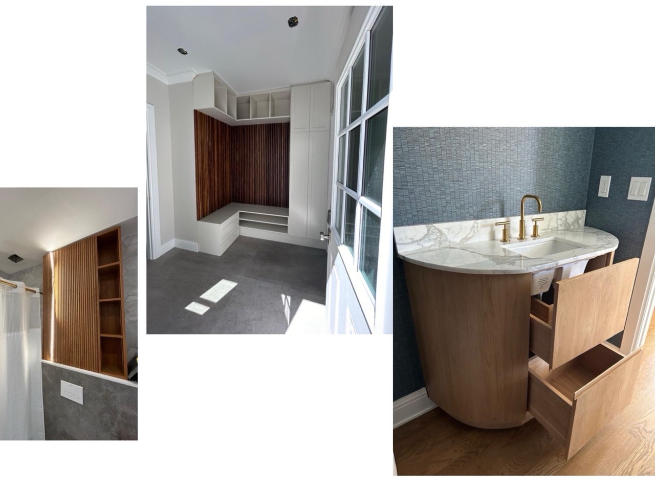 Portfolio showing custom mudroom storage, wood wall details and a curved vanity